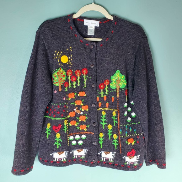 Susan Bristol Sweaters - Susan Bristol Womens Brown Fall Harvest Embroidered Sweater Cardigan Size Large